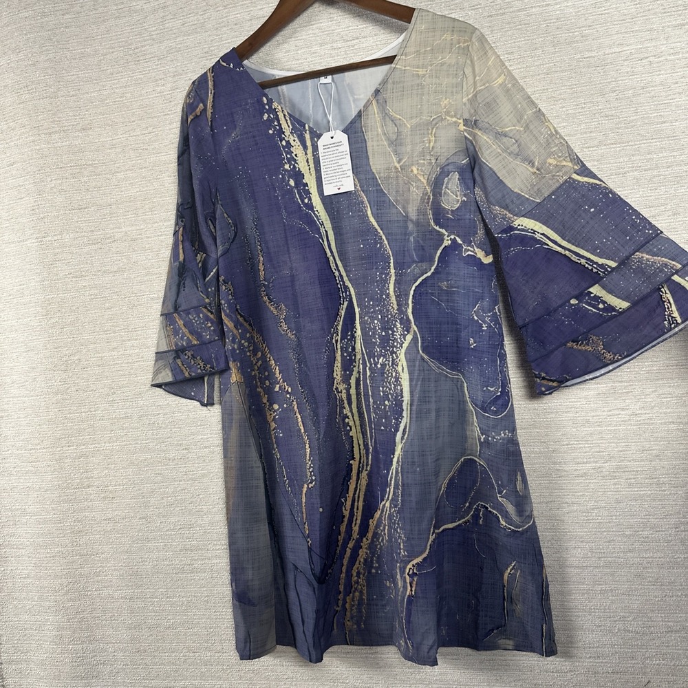 Womens Abstract Marble Print Tunic Dress Blue Gold Sheer Overlay Bell Sleeve Med
